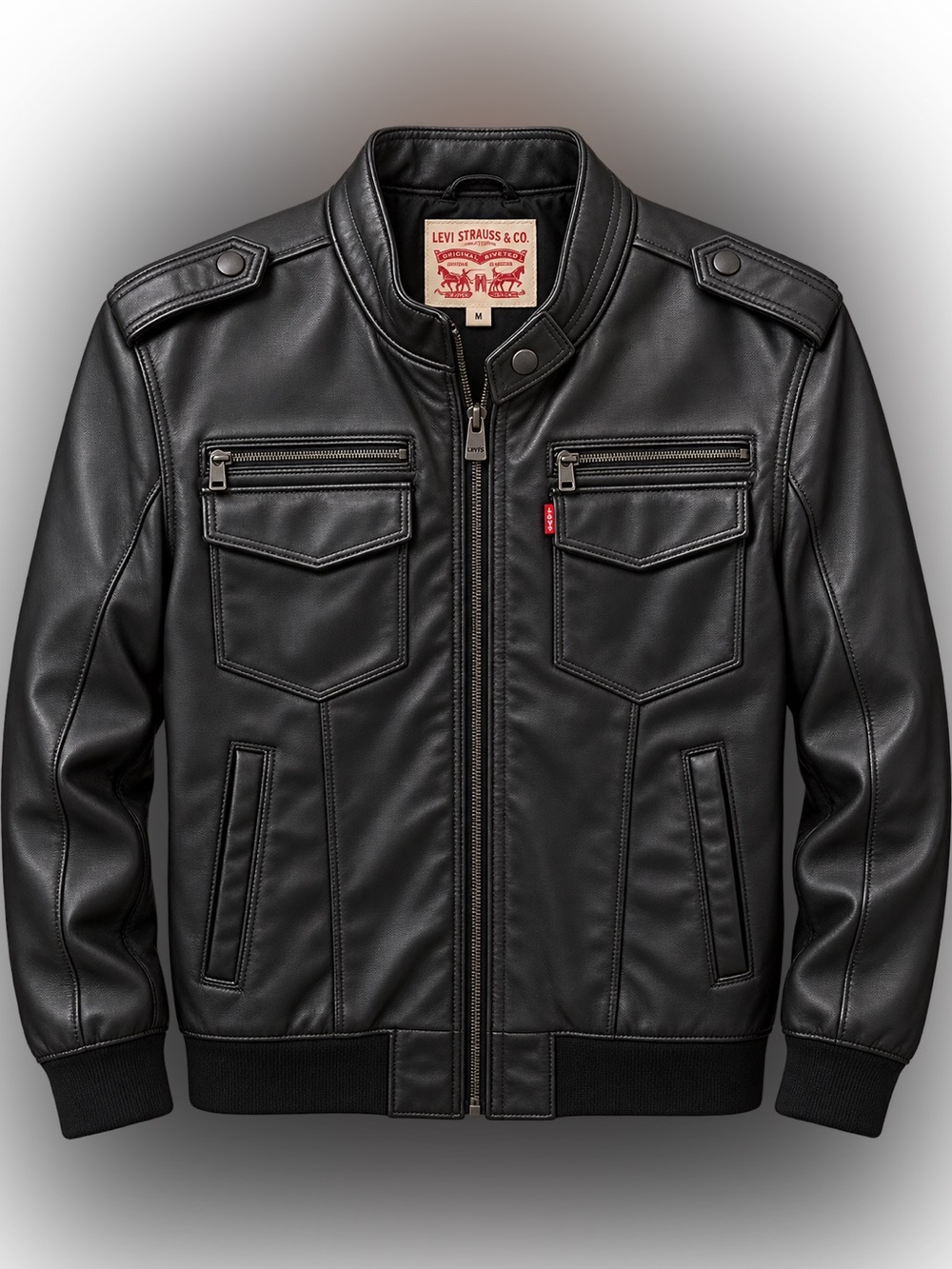 Levi's Men's Black Faux Leather Moto-Style Bomber Jacket. Has hole in leather